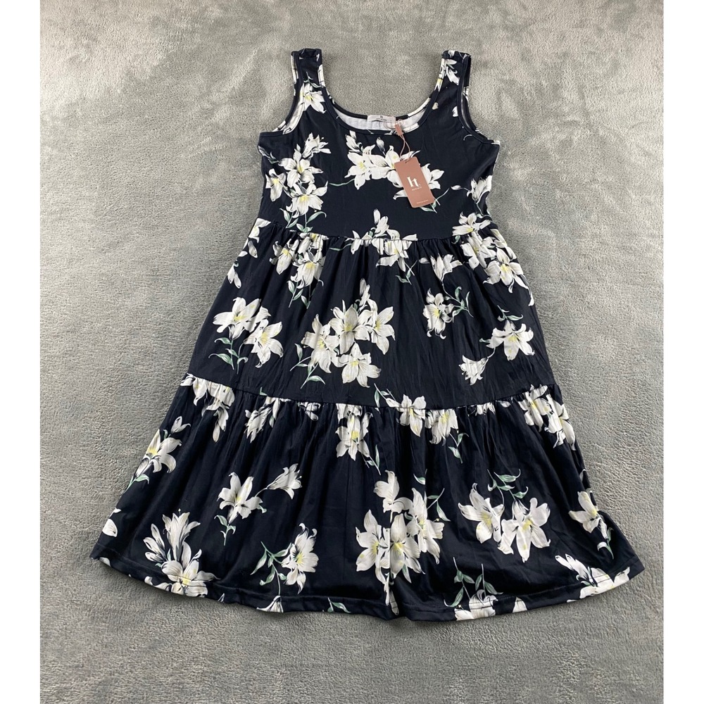Hotouch Navy Blue Floral Lily Tiered Midi Dress Sleeveless Pockets Womens Small